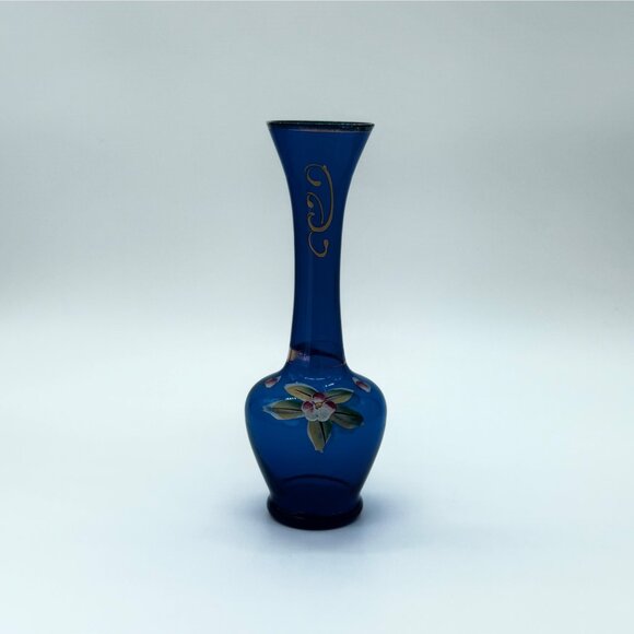 Vintage Bohemian Cobalt Blue Bud Vase Gold Gilt, Hand Painted 8" tall - Picture 9 of 11